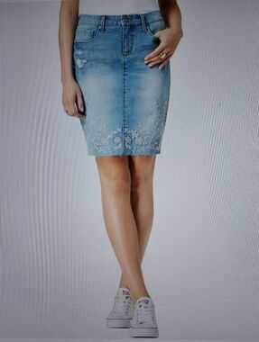 Vintage America Clarissa Embroidered Denim Pencil Skirt - Women 10/30